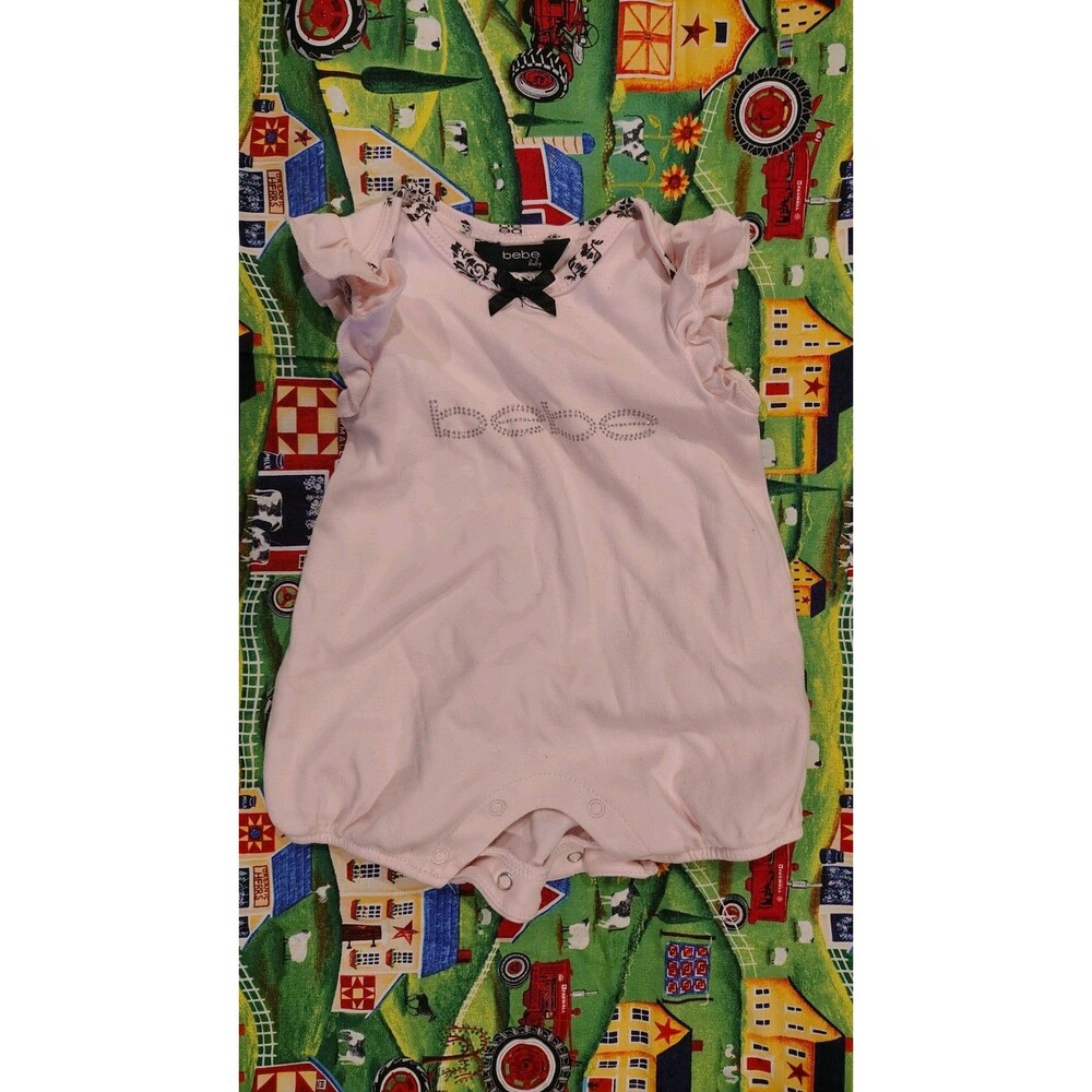 bebe baby Romper Outfit 3-6M Pink Bodysuit Gemstone Logo Ruffle arms Black Bow